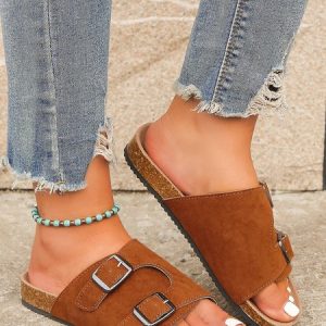 Faux Suede Double Buckle Casual Slide Sandals, Sandals & Slippers, color:Brown|size:42, JustFashionNow
