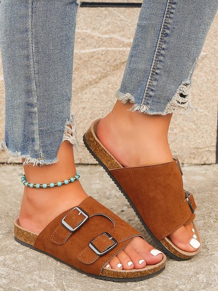 Faux Suede Double Buckle Casual Slide Sandals, Sandals & Slippers, color:Brown|size:42, JustFashionNow
