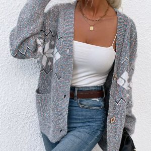 Women Wool/Knitting Ethnic Geometry Long Sleeve Comfy Casual Cardigan, Cardigans, color:Deep Gray|size:L, Noracora