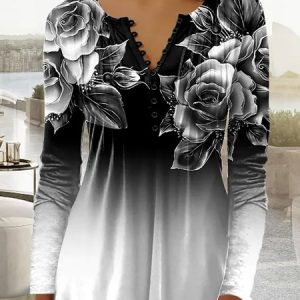 Casual Regular Fit Floral V Neck Top, Tops, color:Black-white|size:XXL, JustFashionNow