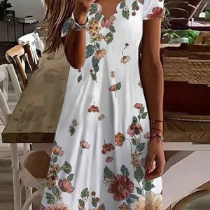 Casual Floral Loose Short Sleeve Knit Dress, Short, color:White|size:XXL, Noracora