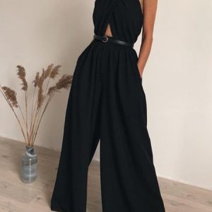 Plain Loose Halter Elegant Jumpsuit, Jumpsuits, color:Black|size:XXL, Stylewe