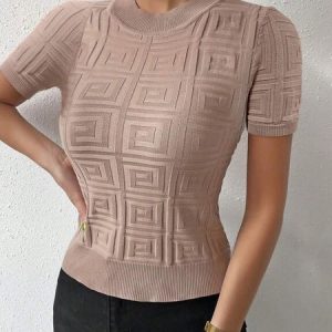 Urban  Letter Pattern Crew Neck Knit Top, Pullovers, color:Apricot|size:XXL, Stylewe