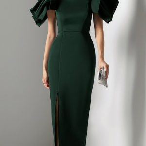 Crew Neck Plain Elegant Party Dress, Maxi Dresses, color:darkgreen|size:XXL, Stylewe