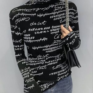 Daily Long sleeve Regular Fit Text Letters Turtleneck T-Shirt, Tees, color:Black|size:XXL, Stylewe