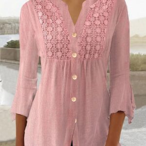 Casual Lace V Neck Shirt, Shirts & Blouses, color:Pink|size:XXL, JustFashionNow