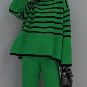 Turtleneck Casual Striped Long Sleeve Sweater, Pullovers, color:Green|size:XXL, Stylewe