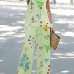 Jersey Casual Loose Floral Two-Piece Set, Suit Set, color:Light Yellow|size:XXL, JustFashionNow