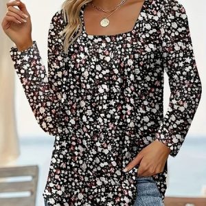 Casual Floral Square Neck Long Sleeve T-shirt, T-shirts, color:Black|size:XL, Noracora