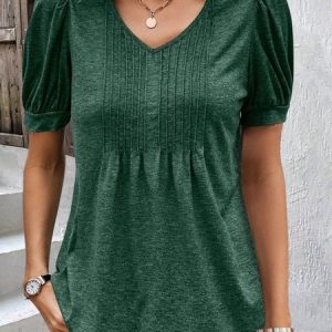 Loose Casual V Neck Plain T-Shirt, T-Shirts, color:Dark Green|size:XXL, JustFashionNow