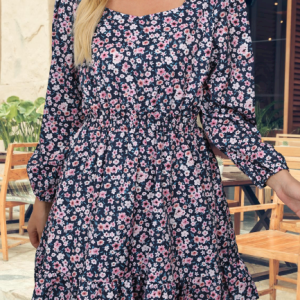 Women Floral Square Neck Long Sleeve Comfy Casual Short Dress, Short, color:Blue|size:XXL, Noracora