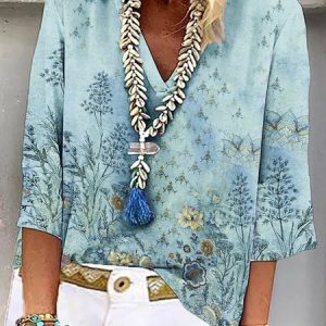 Casual V Neck Floral Blouse, Blouses, color:Blue|size:XS, Noracora