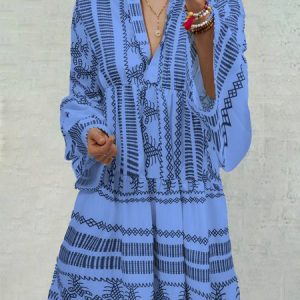 Summer Fashion Woman Bell Sleeve Printed Holiday Dress, Short, color:Navy Blue|size:5XL, Noracora