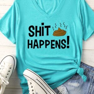 Women's Shit Happens Matching V Neck T-Shirt, color:Lightgreen|size:XXL, Lilicloth.com