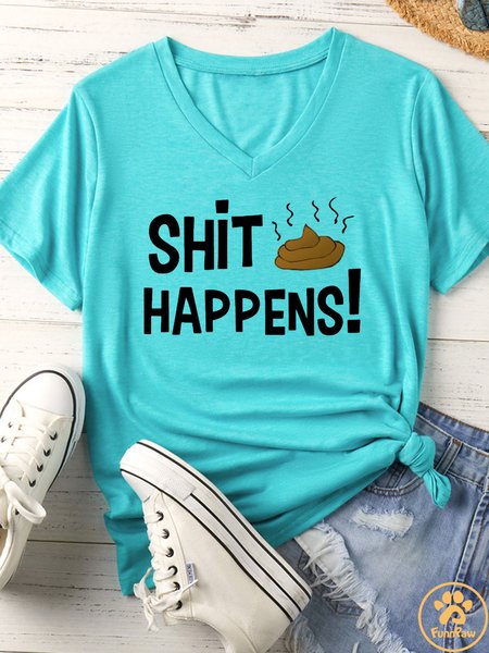 Women's Shit Happens Matching V Neck T-Shirt, color:Lightgreen|size:XXL, Lilicloth.com