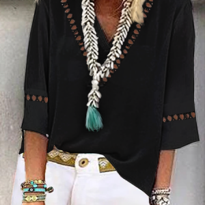 Women Plain Hollow Out Lace V Neck Cotton And Linen Half sleeve Blouse, Blouses & Shirts, Roselinlin - Online Catalog