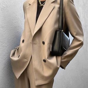 Plain Lapel Collar Buttoned Urban Blazer, Blazers, color:Khaki|size:XXL, Stylewe