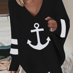 Casual Sea Loose V Neck Sweatshirt, Hoodies & Sweatshirts, color:Black|size:XXL, Noracora