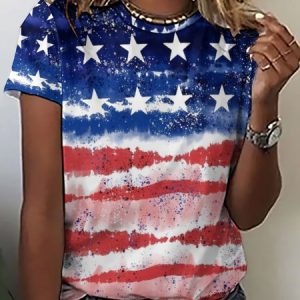 Women's USA Flag Print Casual Crew Neck  T-Shirt, color:As Picture|size:3XL, Lilicloth.com