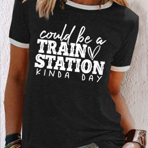 Women's Funny Graphic Train Station Letters Casual T-Shirt, color:Black|size:3XL, Lilicloth.com