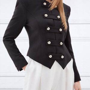 Urban Crew Neck Buttoned Plain Regular Fit Jacket, Jackets, color:Black|size:XXL, Stylewe