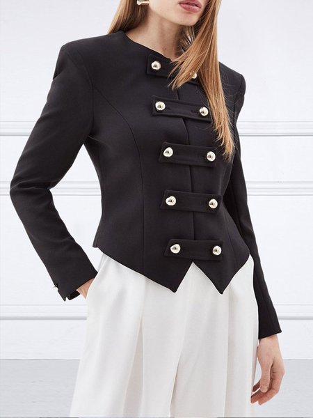 Urban Crew Neck Buttoned Plain Regular Fit Jacket, Jackets, color:Black|size:XXL, Stylewe