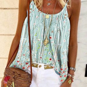 Summer Green Floral Design Halter Loose Top, Tanks & Camis, color:Green|size:XXL, JustFashionNow