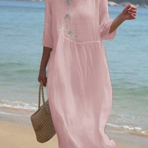 Floral Casual Cotton And Linen Dress, Dresses, color:Light Pink|size:XXL, JustFashionNow