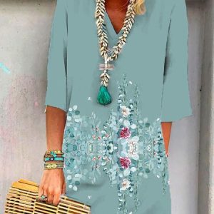 Women Floral Pattern V Neck Three Quarter Sleeve Comfy Casual Midi Dress, Midi, color:Green|size:3XL, Noracora