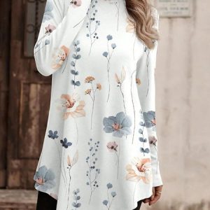 Casual Floral Half Turtleneck Long Sleeve T-shirt, T-shirts, color:White|size:XXL, Noracora