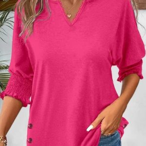 Plus Size Casual Notched Plain Jersey T-Shirt, T-shirts, color:Rose Red|size:4X, Noracora