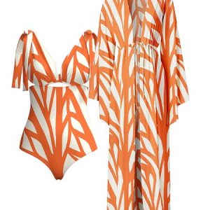 Vacation V Neck Printing Geometric One Piece With Cover Up, Swimsuit with Coverups, color:Orange|size:XXL, Stylewe