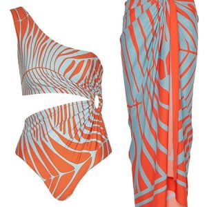 Striped Casual One Shoulder One Piece With Cover Up, One-Pieces, color:Orange|size:S, Stylewe