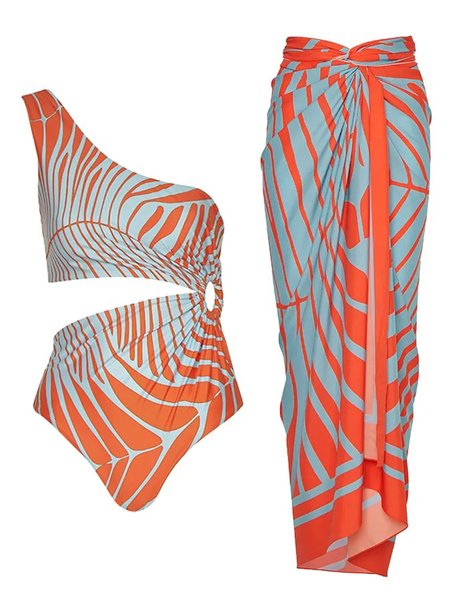 Striped Casual One Shoulder One Piece With Cover Up, One-Pieces, color:Orange|size:S, Stylewe