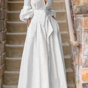 Plain Loose Urban Buckle Dress, Maxi Dresses, color:White|size:XXL, Stylewe