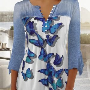 Casual Regular Fit Flare Sleeve V Neck Butterfly Shirt, Shirts & Blouses, color:Blue|size:XXL, JustFashionNow