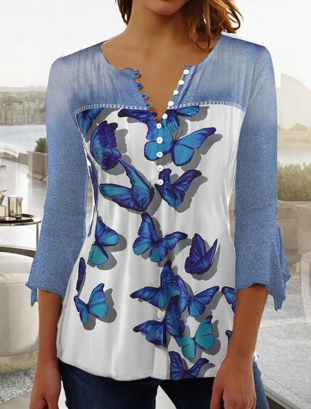 Casual Regular Fit Flare Sleeve V Neck Butterfly Shirt, Shirts & Blouses, color:Blue|size:XXL, JustFashionNow