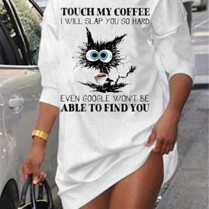 Cat And Coffee Crew Neck Casual Loose Dress, Midi, color:White|size:XXL, Noracora