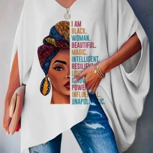 Plus Size Batwing Sleeve Urban V Neck  Loose Abstract Figure Shirt, Plus Tops, color:White|size:4X, Stylewe