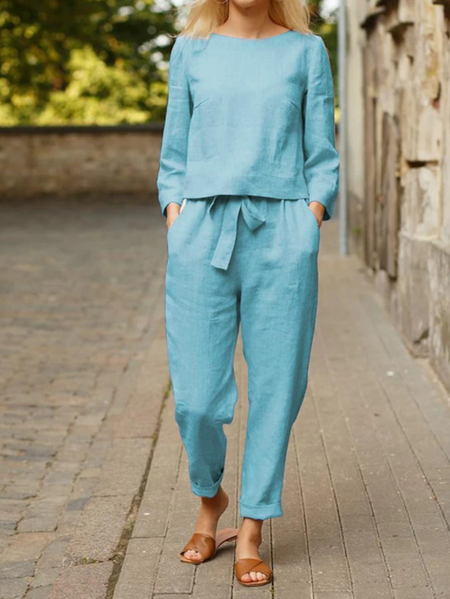 Loosen Casual Round Neck Two-Piece Set, Suit Set, color:Blue|size:XS, JustFashionNow