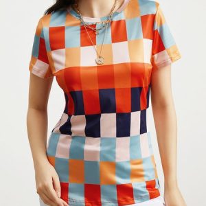 Casual Tight Crew Neck Plaid T-Shirt, Tees, color:Multicolor|size:XXL, Stylewe