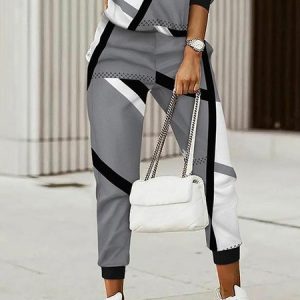 Regular Fit Casual Color Block Pants, Pants, color:Gray|size:XXL, Stylewe