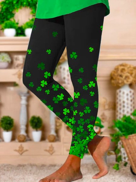 Tight Four-Leaf Clover Casual Leggings, Leggings, color:Black|size:XXL, JustFashionNow