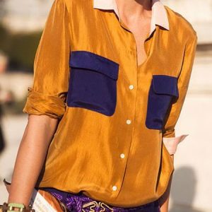 Urban Shirt Collar Loose Color Block Blouse, Blouses and Shirts, color:Orange|size:XXL, Stylewe