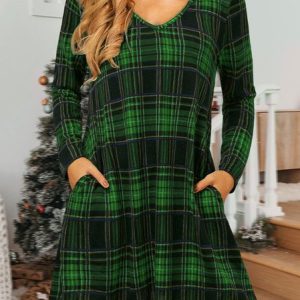 Women Christmas Plaid Print Loose Holiday Knee-Length V-Neck Sexy Dress, Dresses, color:Green|size:XXL, JustFashionNow