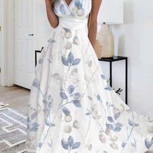 Casual Floral V Neck Dress, Dresses, color:White|size:XXL, JustFashionNow