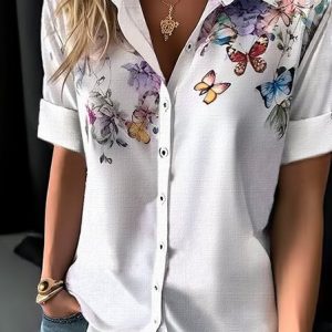 Floral Casual Shirt Collar Blouse, Shirts & Blouses, color:White|size:4X, JustFashionNow