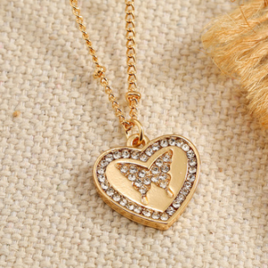 Urban Casual Diamond Heart Butterfly Pattern Metal Necklace Daily Women's Jewelry, Necklaces, color:As Picture|size:One-size, JustFashionNow