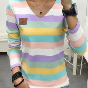 Casual Striped V Neck Long Sleeve T-shirt, T-shirts, color:Multicolor|size:3XL, Noracora