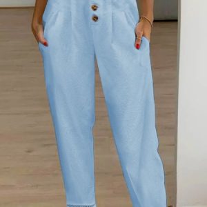 Buckle Cotton Casual Plain Patchwork lace Pants, Pants, color:Blue|size:XXL, JustFashionNow